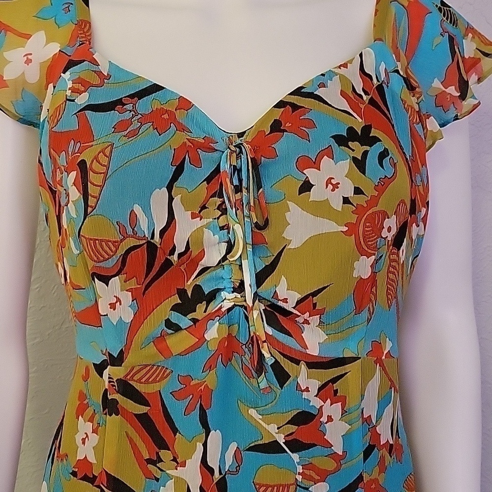 VTG Bentley A Retro Miami Teal Lime Green Fairycore Floral Chiffon Blouse - Picture 4 of 7